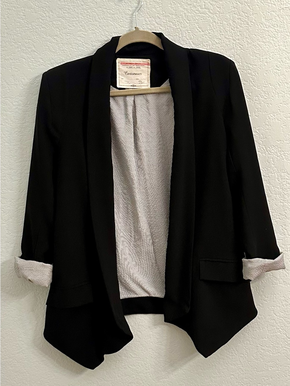 Anthropologie Cartonnier Black Draped Blazer Striped Cuffs M